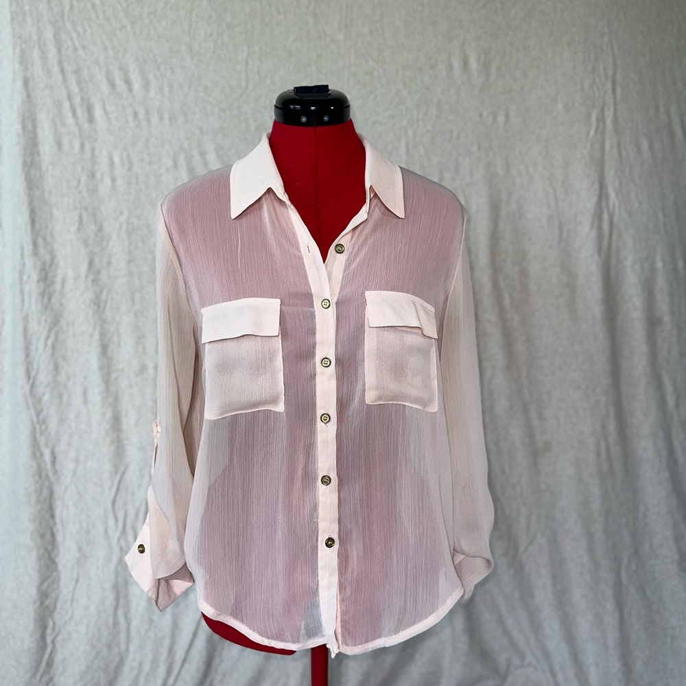 Sheer Button-Up Blouse with Pockets